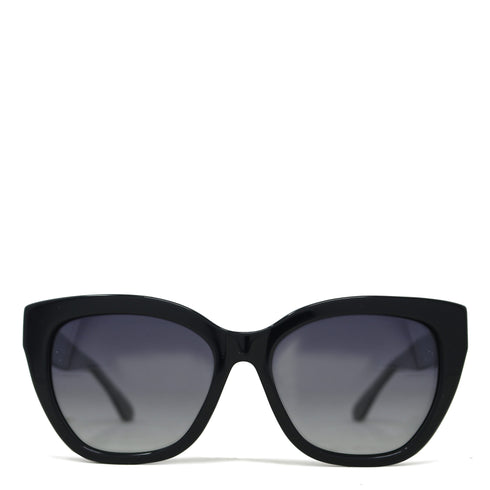 Black cat-eye sunglasses with dark lenses on a white background
